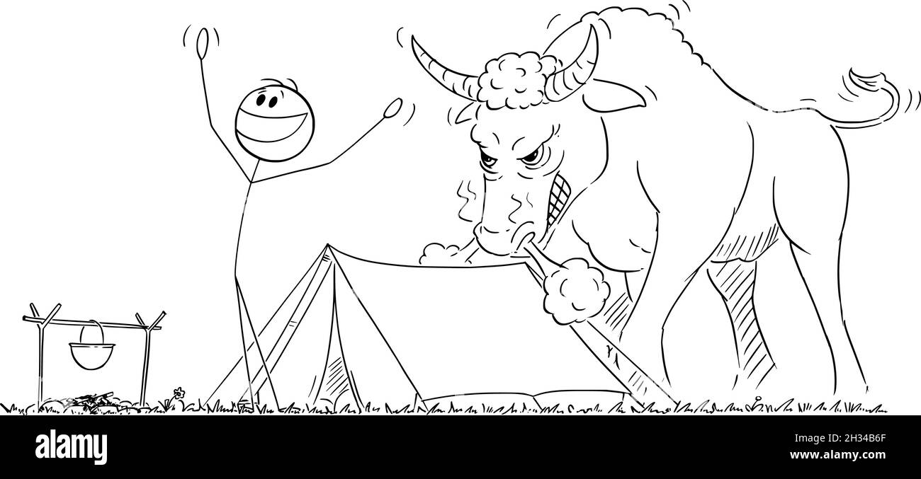 Happy Person Enjoying Morning Near Tent , Angry Bull in Behind Him , Vector Cartoon Stick Figure Illustration Stock Vector