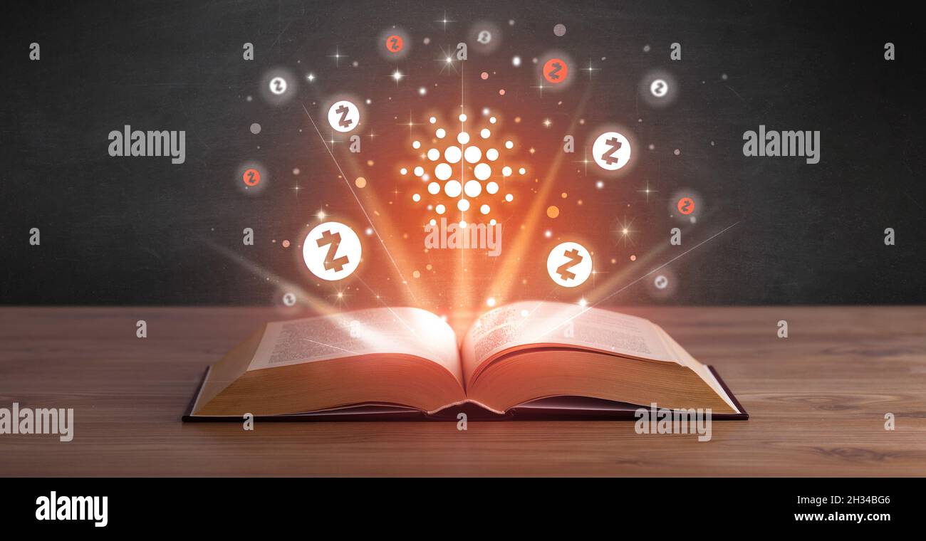 Open book with currency icons above Stock Photo - Alamy