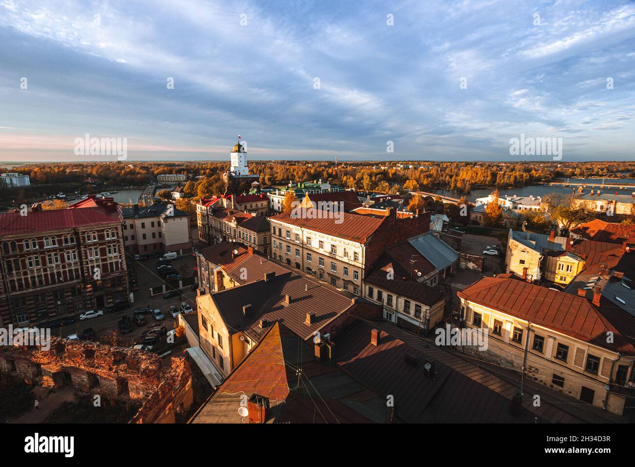 Aeral view of the Tower of St. Olaf and ruined Old cathedral in Vyborg from the Clock Tower in autumn Stock Photo