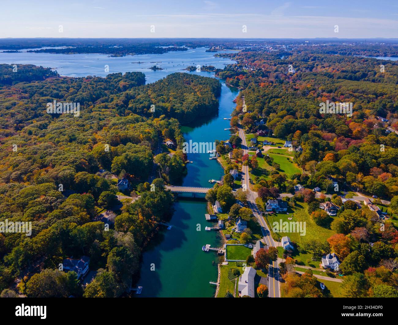 Chauncey Creek aerial view in fall between Gerrish Island and Kittery Point in town of Kittery