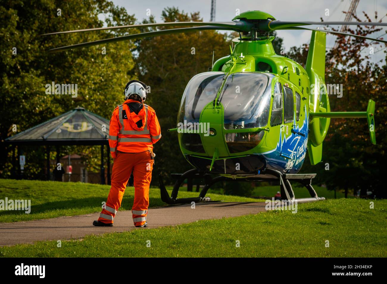 Great Western Air Ambulance Eurocopter EC135, callsign 'Helimed 65', in Bristol's Castle Park having attended a nearby incident. Stock Photo