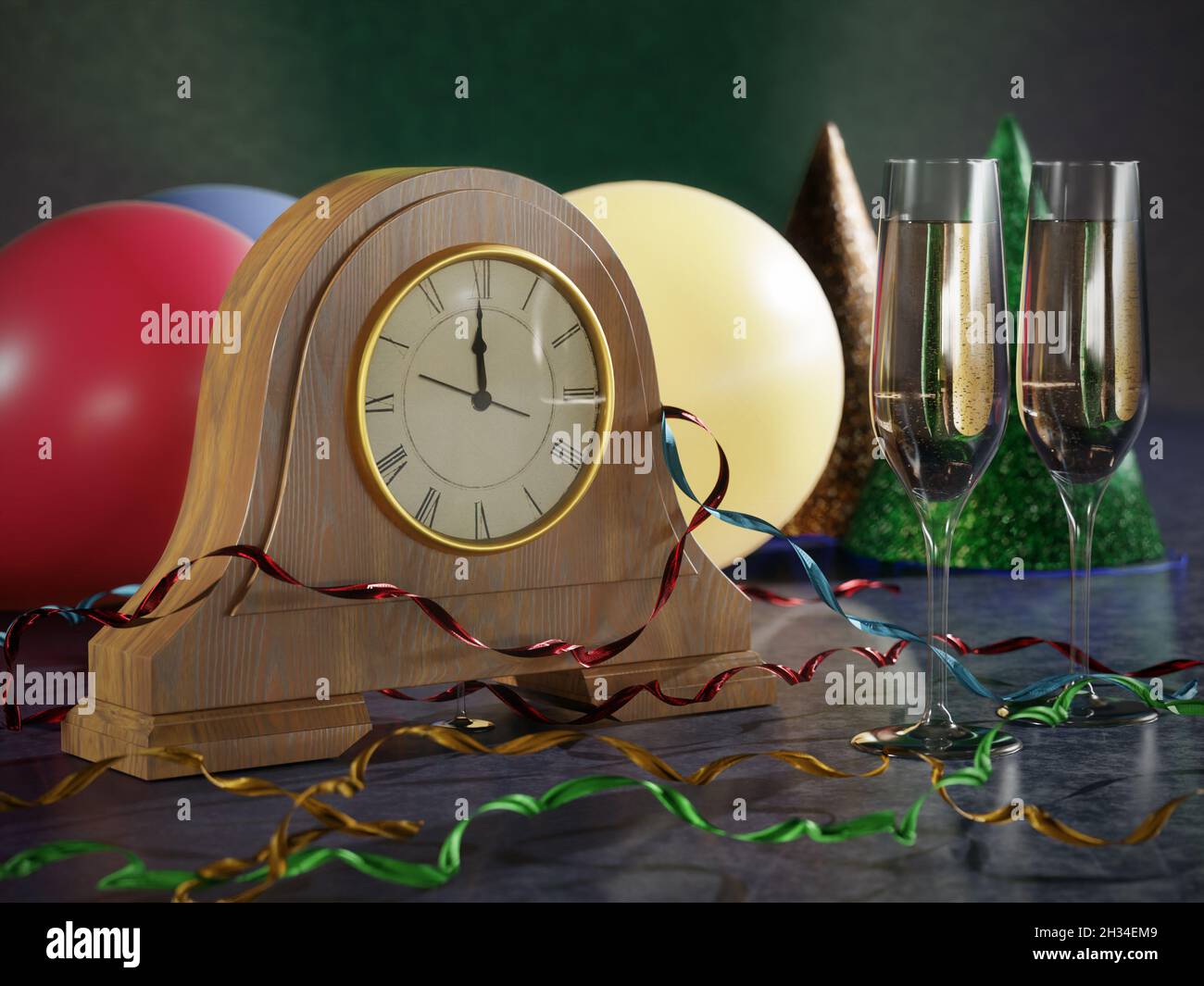 3D rendering of table clock showing midnight, party hats, streamers, balloons, and two glasses of champagne Stock Photo