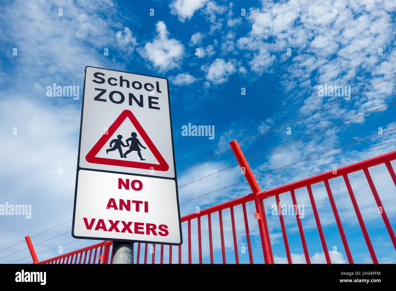 No anti vaxxers on school zone sign. Anti Covid, coronavirus vaccine, vaccination concept image Stock Photo