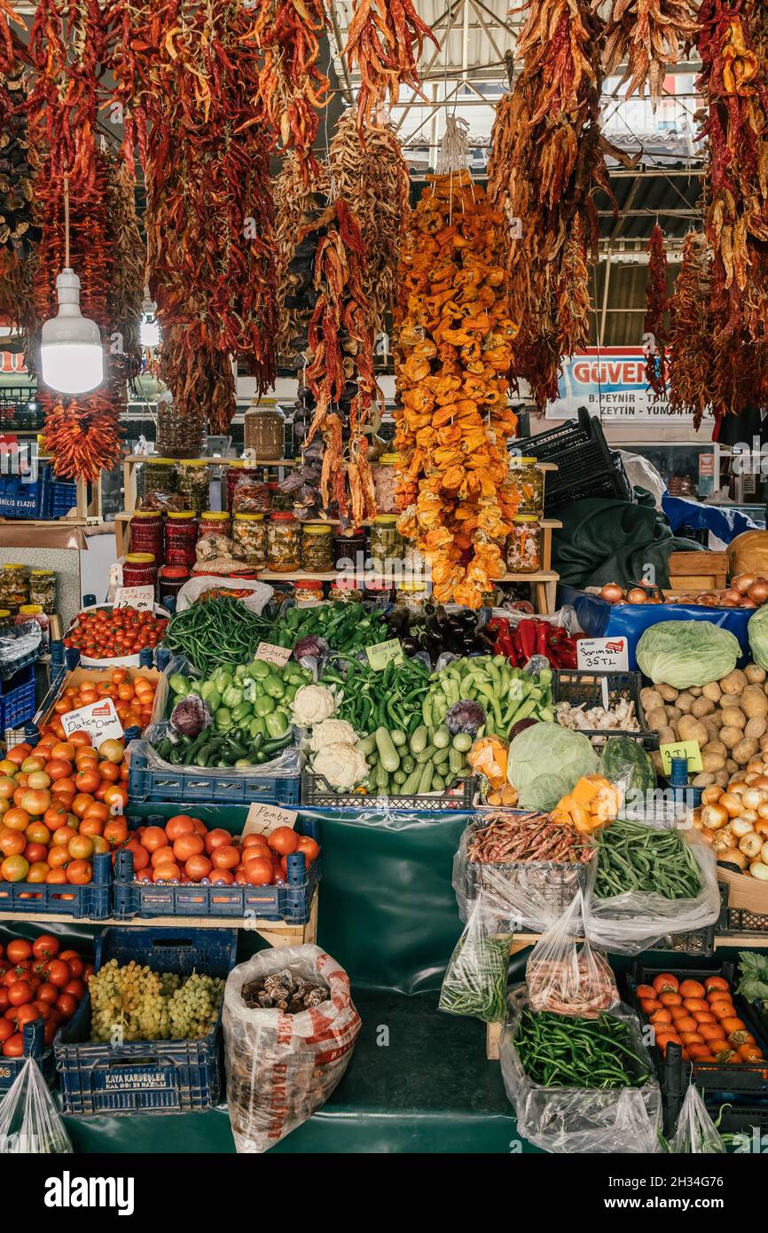 Variety of fresh fruits and vegetables at local market in Turkey Stock Photo