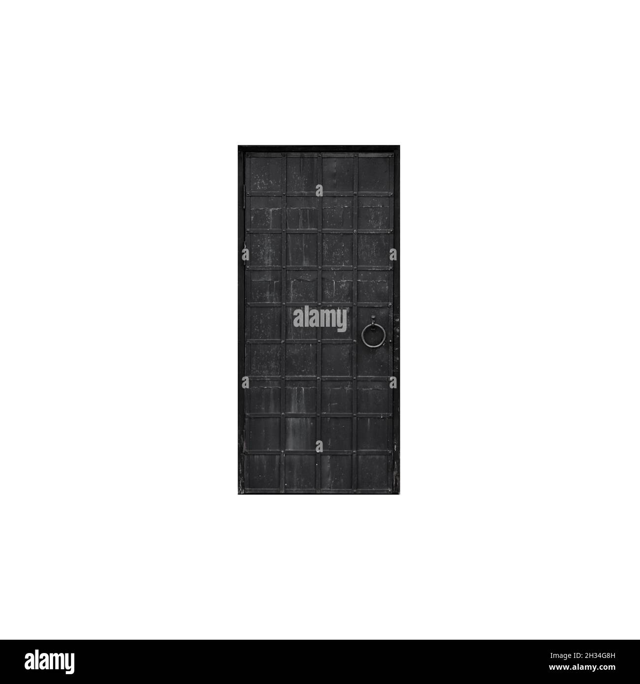 Ancient black metal door isolated on white background Stock Photo