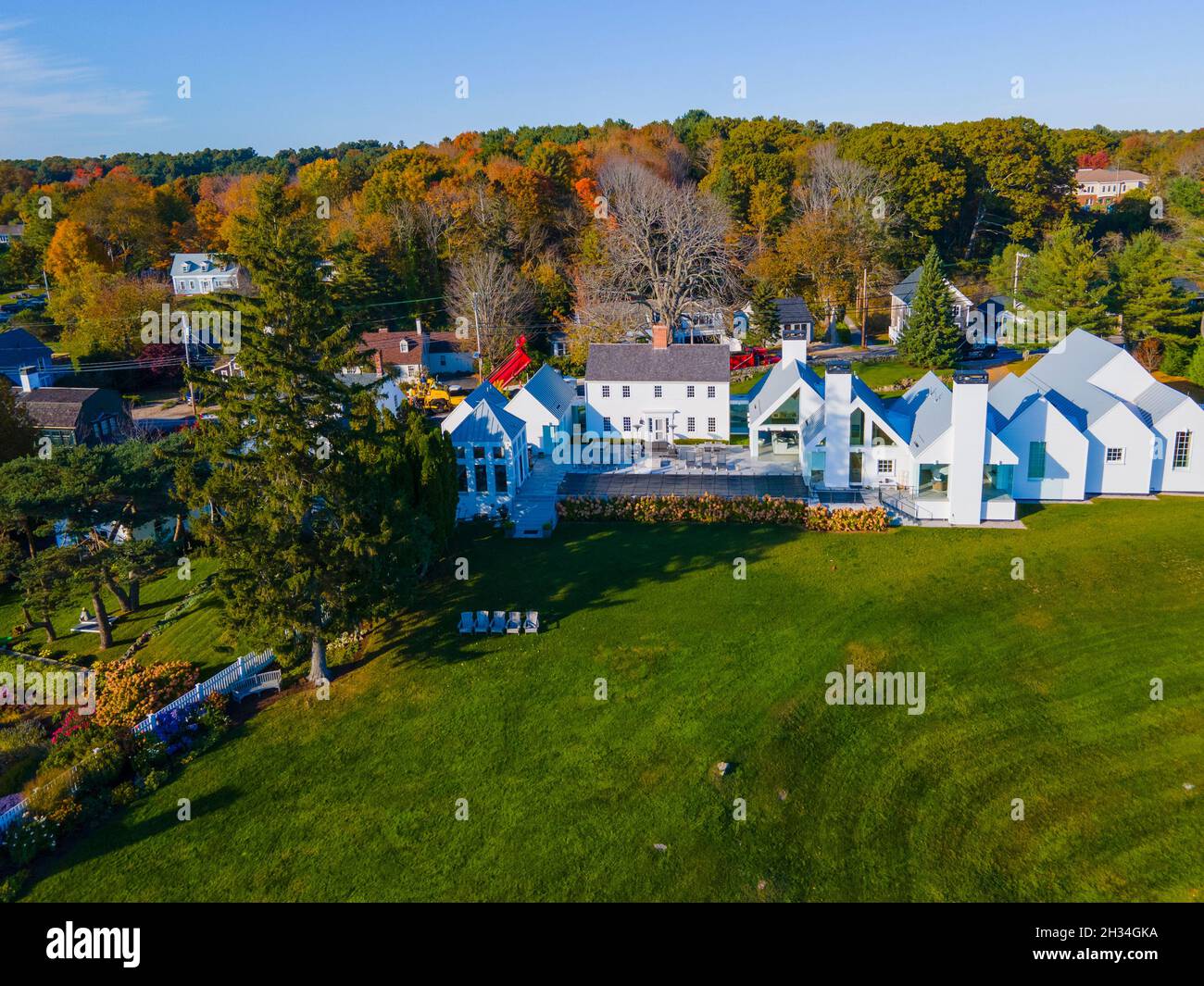 John Bray House aerial view at 94 Pepperrell Road in Kittery Point, town of Kittery, Maine ME, USA. This house was built in 1720. Stock Photo