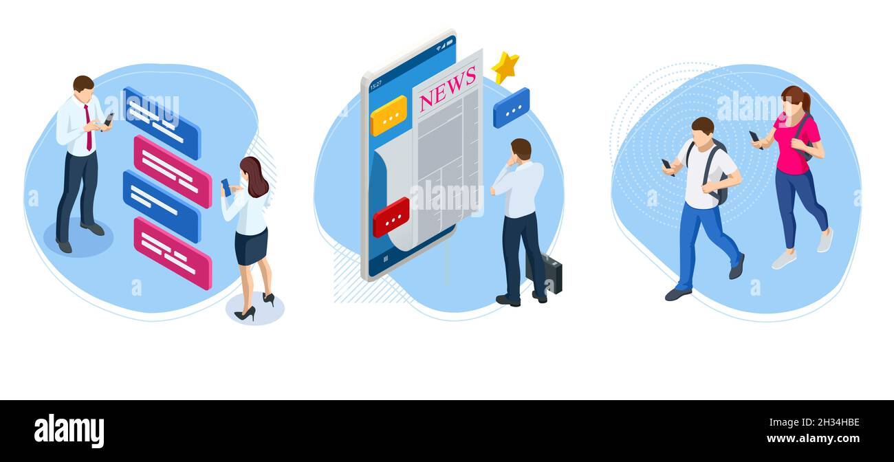 Isometric business news concept. Business news website on digital tablet, everyday searching for job and business opportunities. Stock Vector