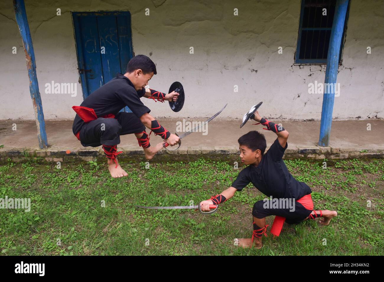 Imphal, India. 18th Oct, 2021. Students seen practicing Thang Ta an ancient and indigenous form of Martials of Manipur in India at an Institute. In 2020 the Thang Ta has been inducted in the Khelo India youth Games. (Photo by Sumit Sanyal/SOPA Images/Sipa USA) Credit: Sipa USA/Alamy Live News Stock Photo