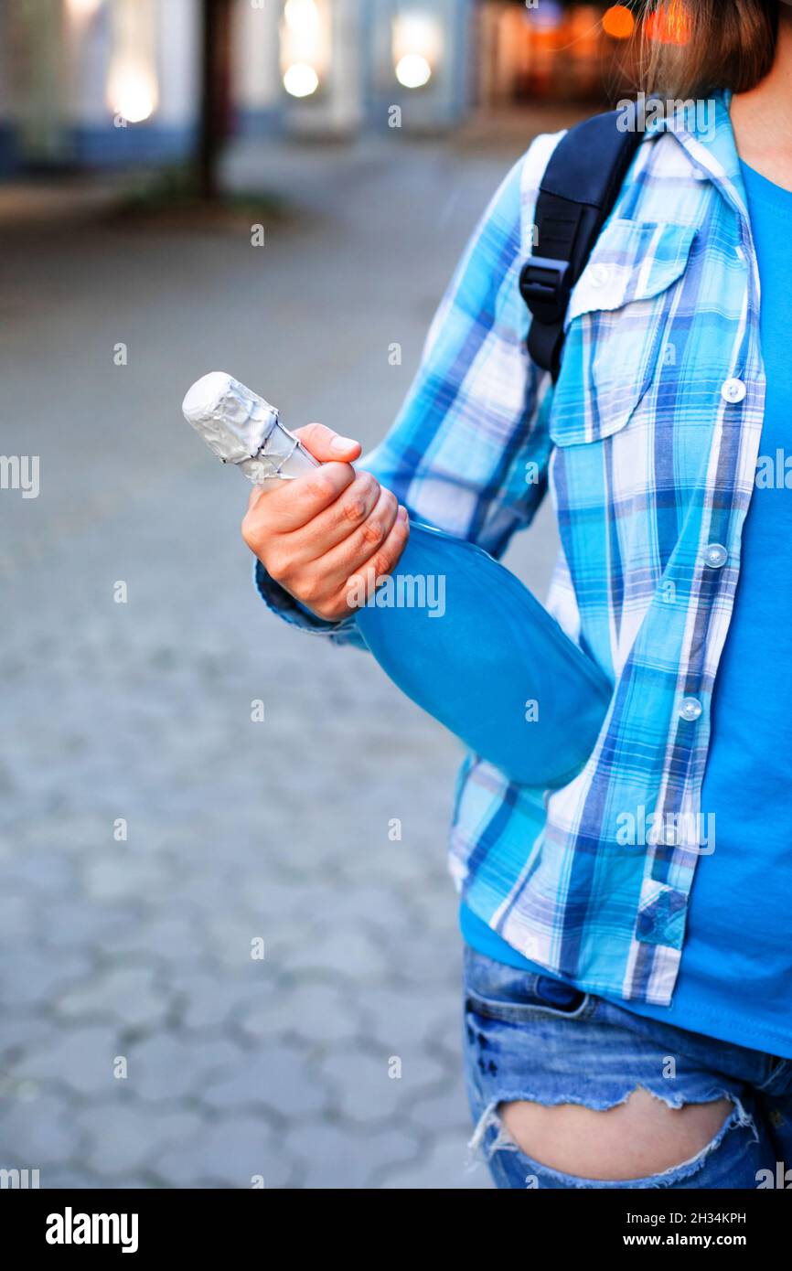 The bottle of unusual nonalcoholic sparkling wine in blue Stock Photo