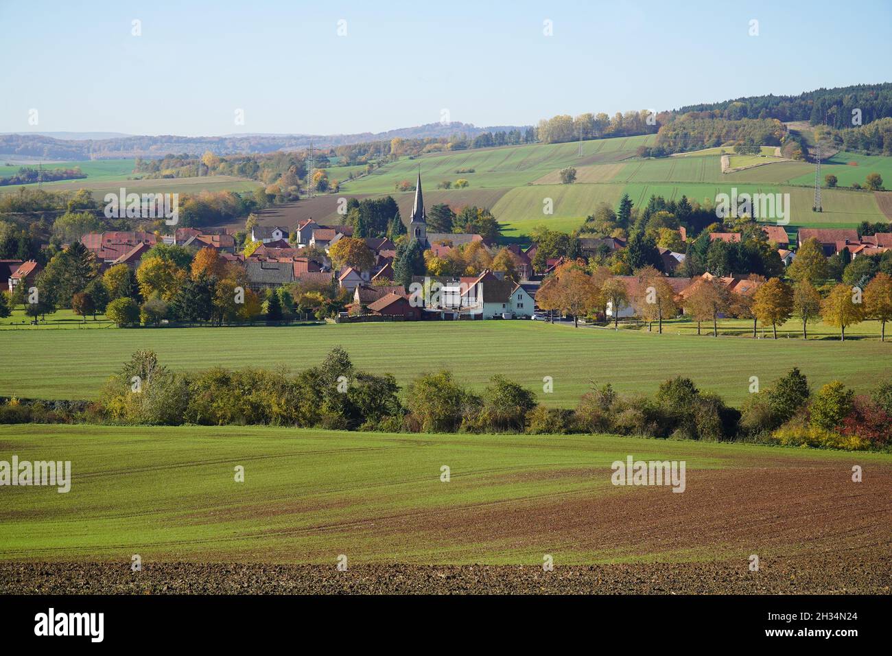Panorama View of the village Stroit, a locality of Einbeck in district of Northeim, southern Lower Saxony, Germany. Stock Photo