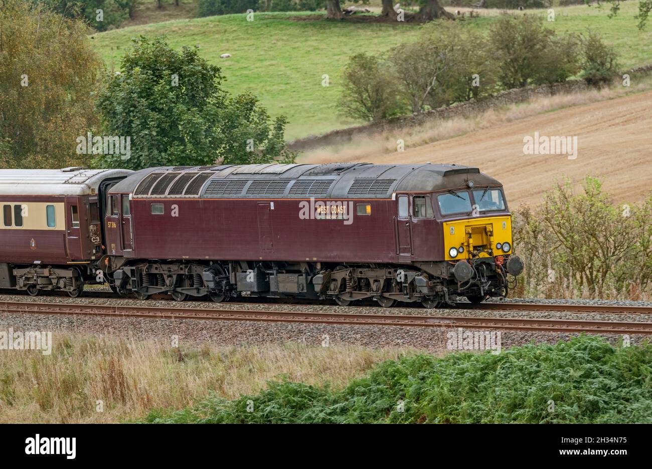 Class 57-316 Diesel Hauled Settle & Carlisle Special. (York-Carlisle) at Armathwaite Corner, operator West Coast Railway Company. Tour Organisor North Stock Photo