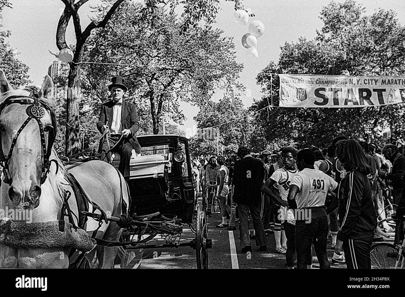 Horse-drawn carriage and runners competing in  the 1975 New York City Marathon. Stock Photo