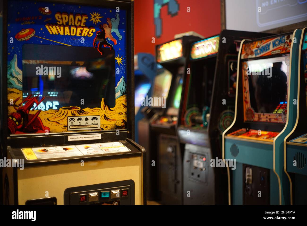 KANSAS CITY, UNITED STATES - Aug 03, 2016: Old school arcade video games; Atari space invaders, Kansas City, United States Stock Photo