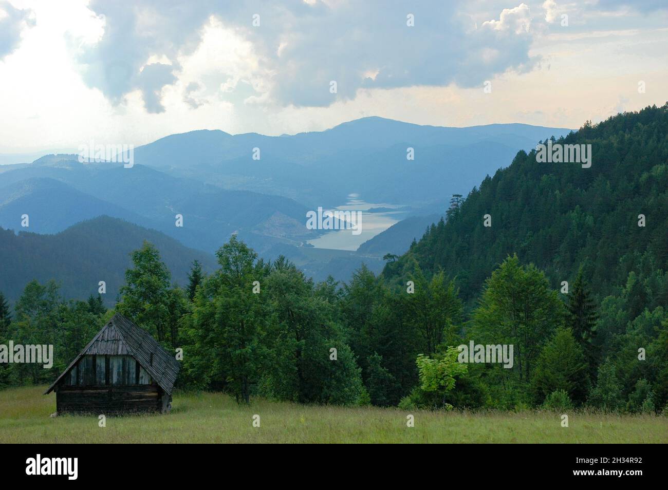 An aerial view of a Zaovine lake in the National Park Tara in Serbia/shot in a counter-light Stock Photo