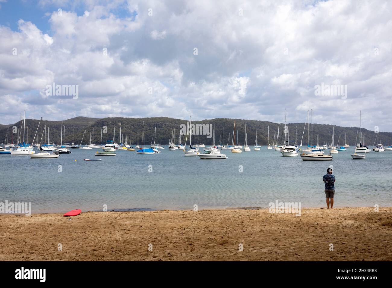 Clareville beach in Sydney with view of boats on Pittwater and across to Ku ring Gai chase national park,Sydney,NSW,Australia Stock Photo