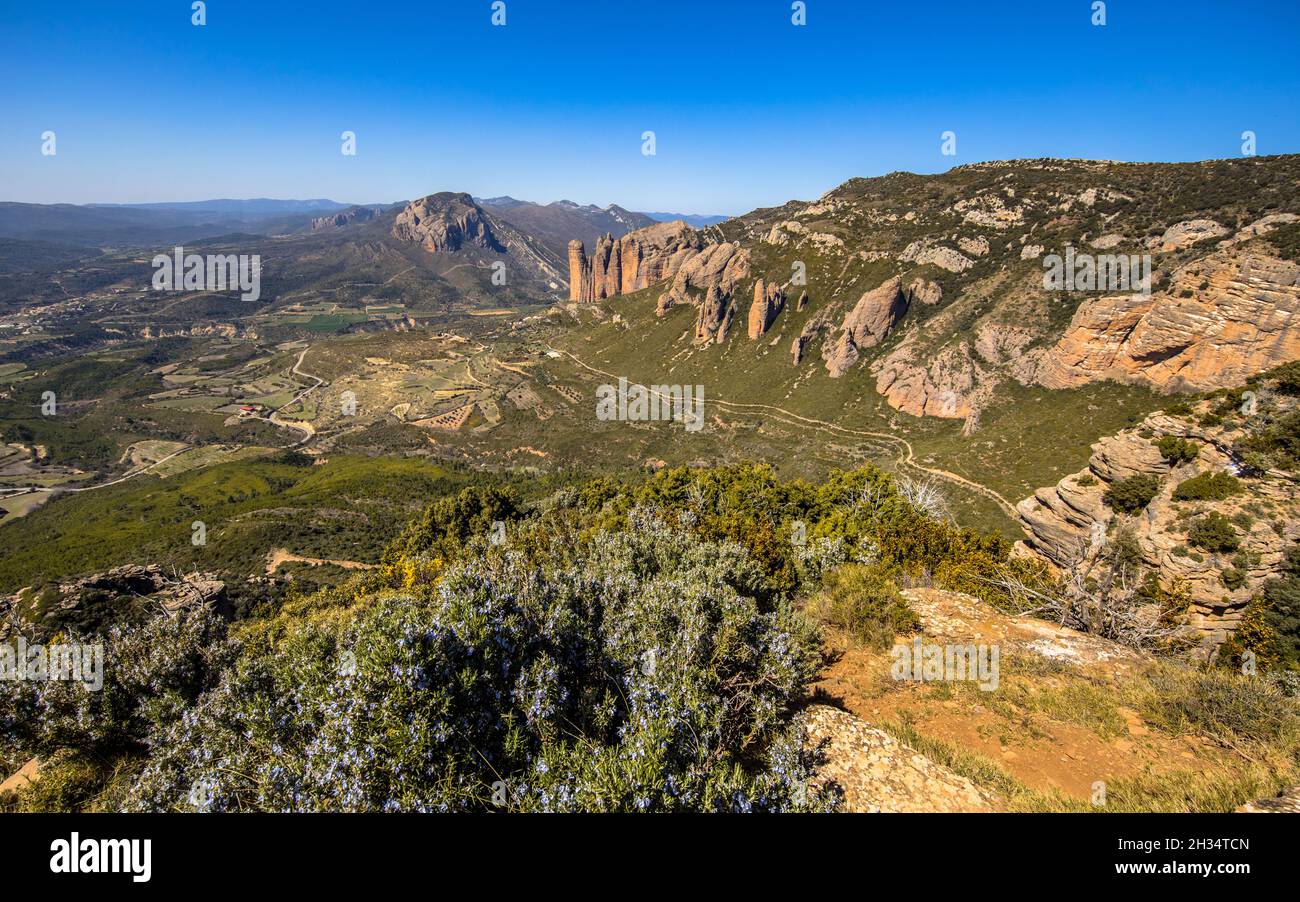 View from Mirador de los buitres on steep clifffs of Penas de Riglos near Huesca, Aragon, Spanish Pyrenees, Spain Stock Photo