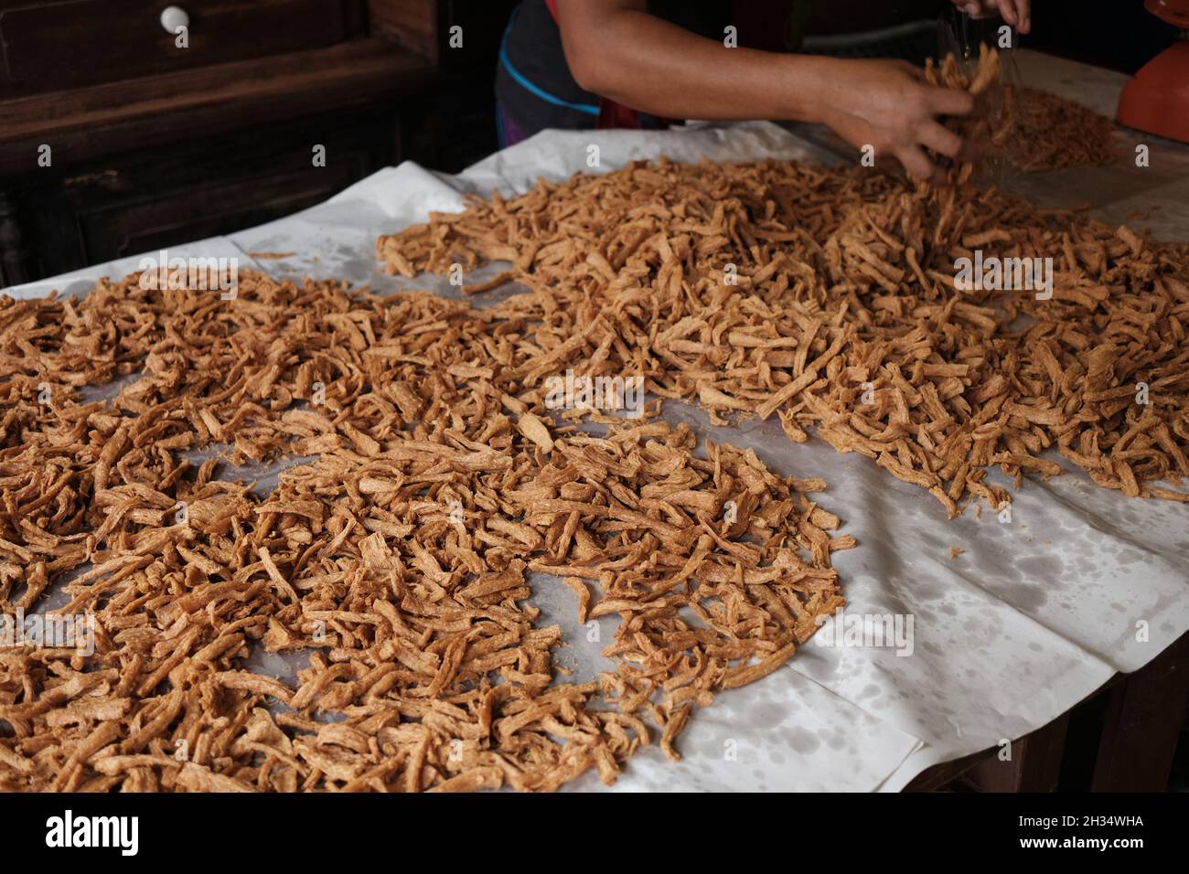 Heap of deep fried bean curd skin or Tofu skin. Vegetarian food with