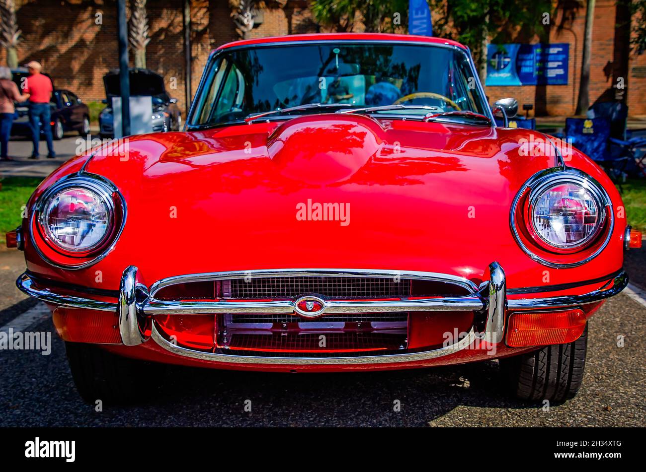 A 1971 Jaguar E-Type FHC is displayed at the 31st annual British Car Festival, Oct. 24, 2021, in Fairhope, Alabama. Stock Photo