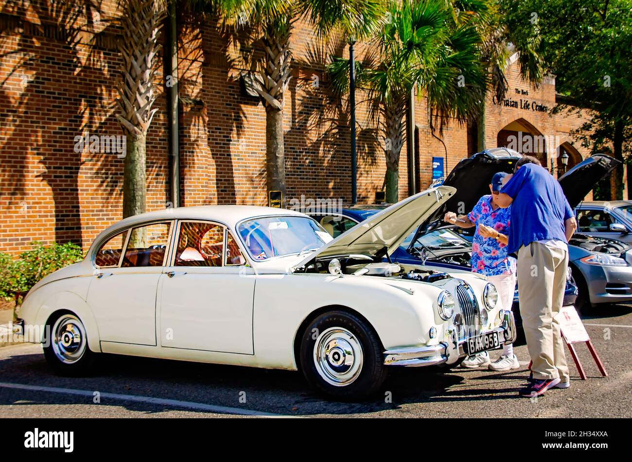 Car enthusiasts inspect a 1967 Jaguar Mark II at the 31st annual British Car Festival, Oct. 24, 2021, in Fairhope, Alabama. Stock Photo