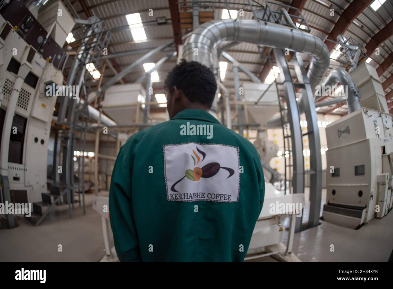 Addis Ababa, Ethiopia. 21st Oct, 2021. An employee of Kerchanshe Trading Private Limited Company (PLC) operates a machine at a coffee processing plant in Addis Ababa, Ethiopia, on Oct. 21, 2021. Kerchanshe Trading Private Limited Company (PLC), the largest producer and exporter of coffee in Ethiopia, says the upcoming 4th China International Import Expo (CIIE) will create a huge opportunity for coffee-producing and exporting companies. Credit: Michael Tewelde/Xinhua/Alamy Live News Stock Photo