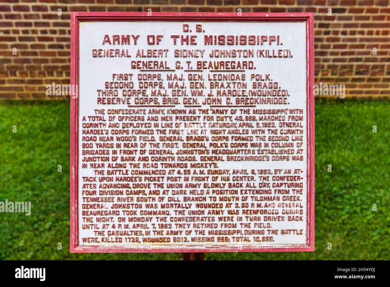 The Confederate Army of the Mississippi historic marker outside the Visitor Center at the Shiloh National Military Park in Tennessee. Stock Photo
