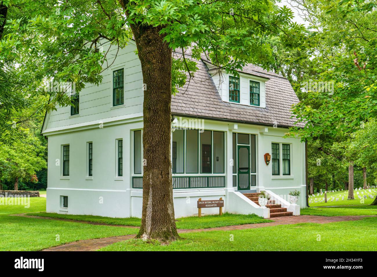 The Shiloh National Military Park Headquarters located inside the Shiloh National Cemetery in Tennessee. Stock Photo