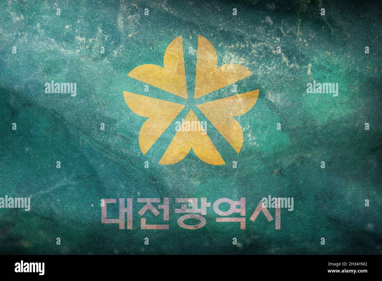 Top view of retro flag Daejeon, south korea with grunge texture. korean travel and patriot concept. no flagpole. Plane design layout. Flag background Stock Photo