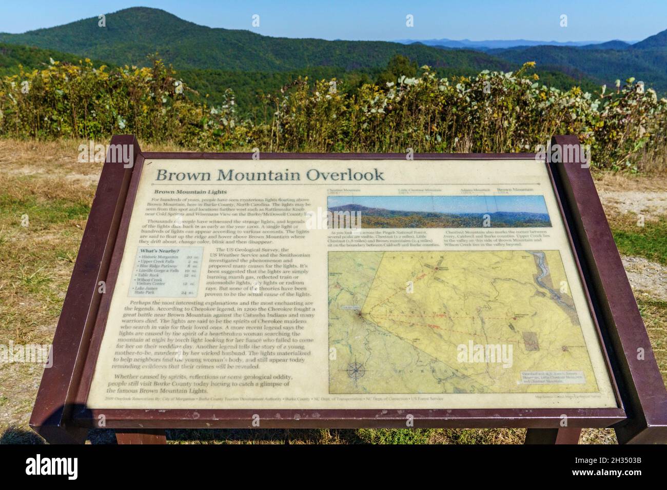 Information sign about the Brown Mountain Lights at the Brown Mountain View Overlook on Highway 181 in Newland, North Carolina. Stock Photo