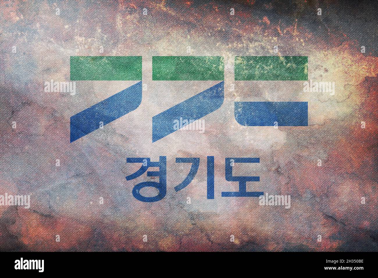 Top view of retro flag Gyeonggi Province, south korea with grunge texture. korean travel and patriot concept. no flagpole. Plane design layout. Flag b Stock Photo