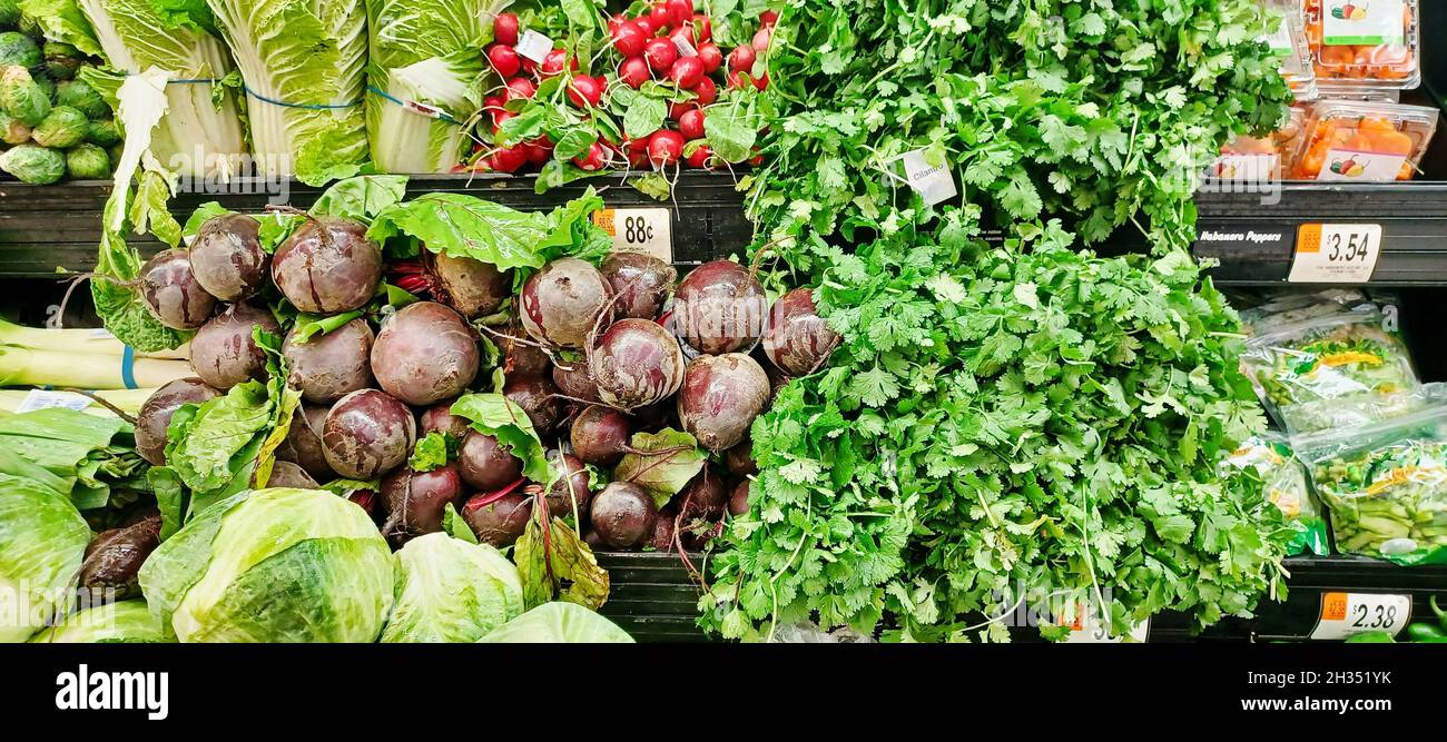 Fresh vegetables on display in a grocery market including beetroot, radish, cilantro, cabbage and wombok. Stock Photo