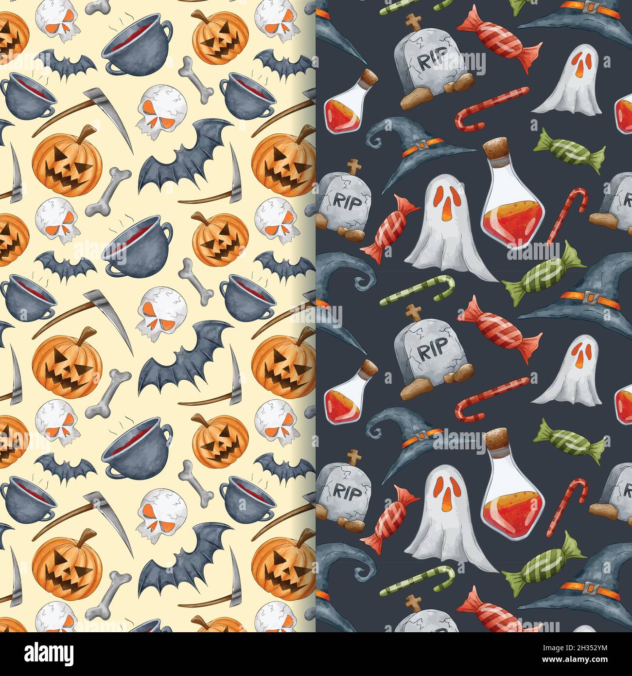 watercolour halloween ghosts pumpkins seamless patterns vector design illustration Stock Vector