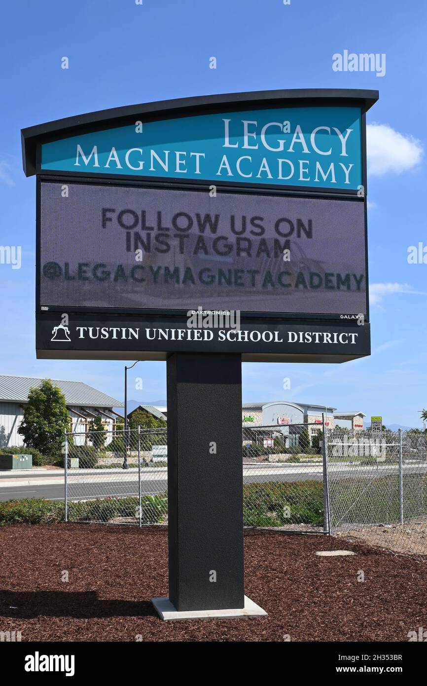 TUSTIN, CALIFORNIA - 24 OCT 2021: Electronic sign at Legacy Magnet Academy has a magnet focus on Technology, Innovation, Design, and Entrepreneurship Stock Photo