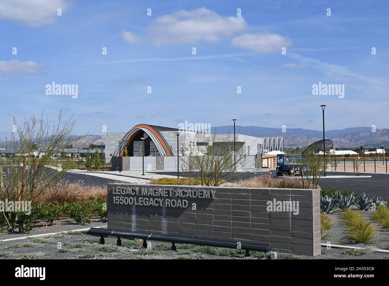 TUSTIN, CALIFORNIA - 24 OCT 2021: Sign at Legacy Magnet Academy has a magnet focus on Technology, Innovation, Design, and Entrepreneurship (TIDE) Stock Photo