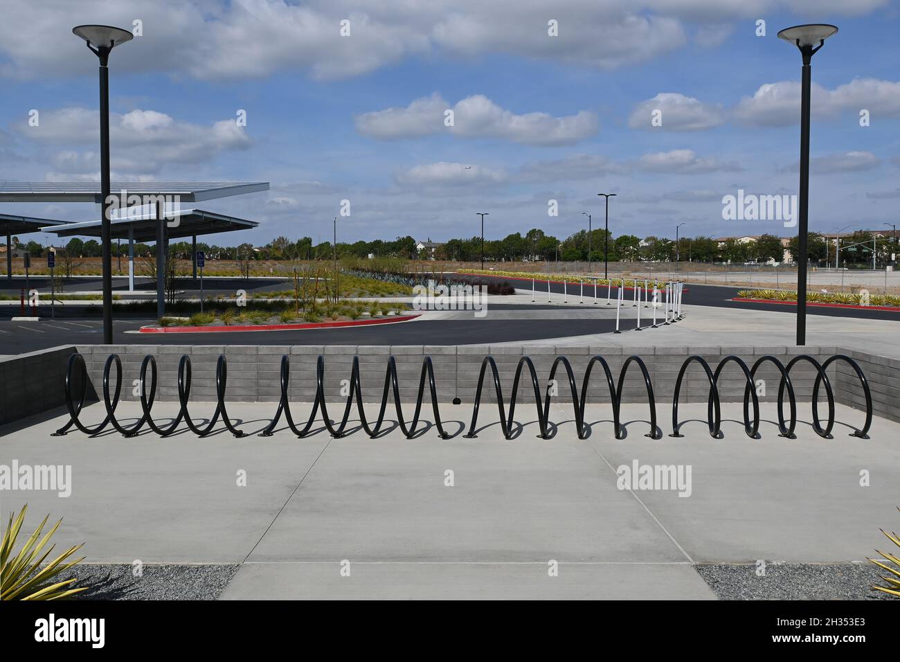 TUSTIN, CALIFORNIA - 24 OCT 2021: Bike Rack at Legacy Magnet Academy has a magnet focus on Technology, Innovation, Design, and Entrepreneurship (TIDE) Stock Photo