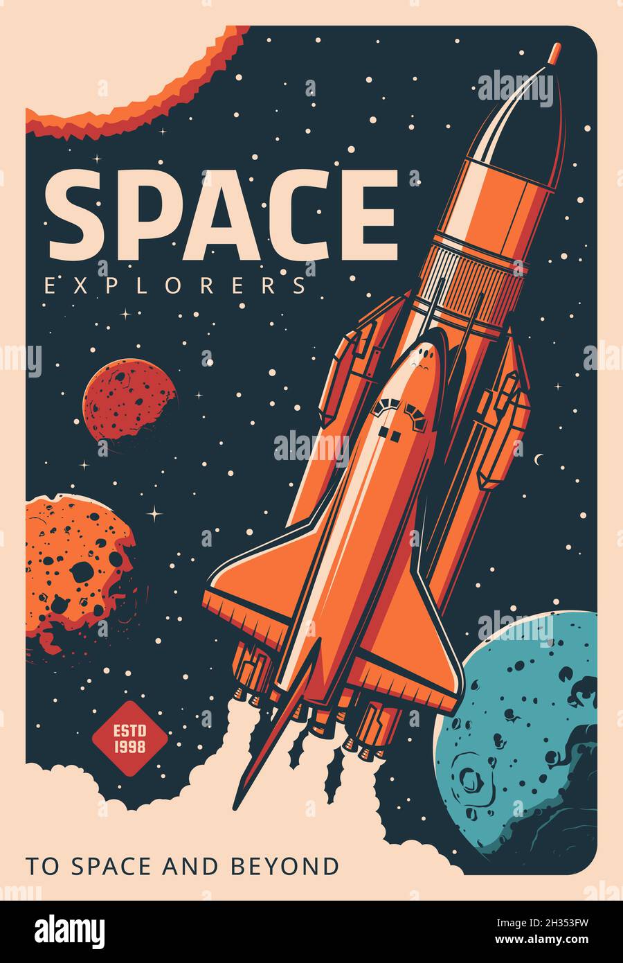 Spaceship in galaxy retro poster. Space exploration and research ...