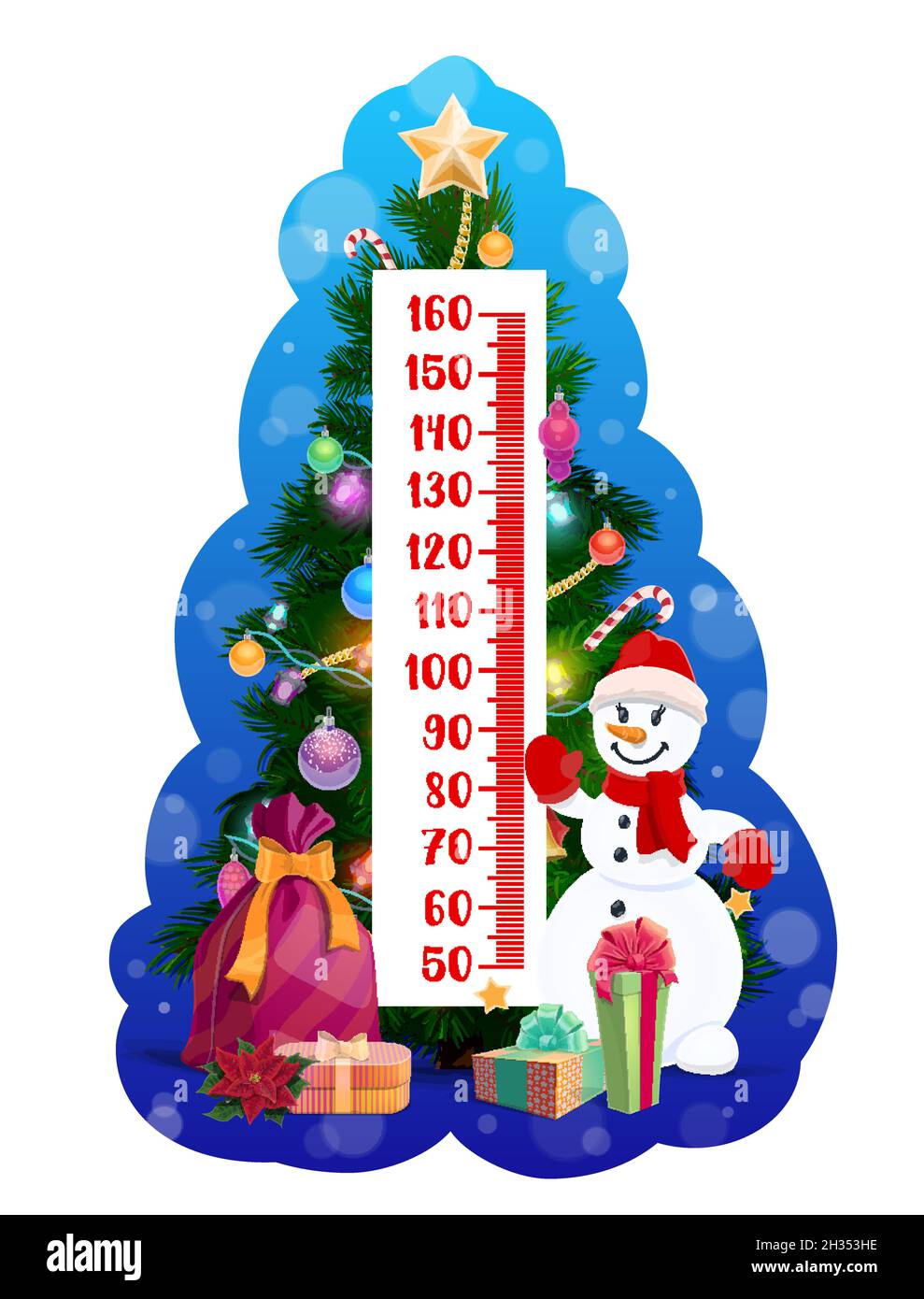 Kids height chart of cartoon Christmas tree and snowman character