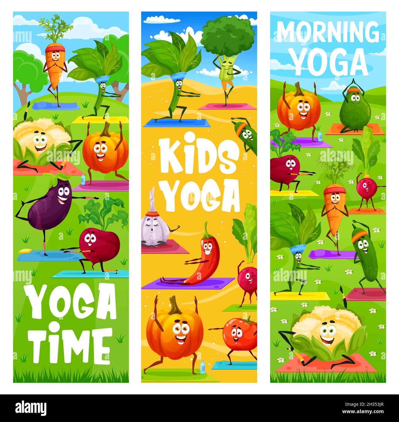 Kids yoga and fitness, cartoon cute vegetables yoga or pilates, vector ...