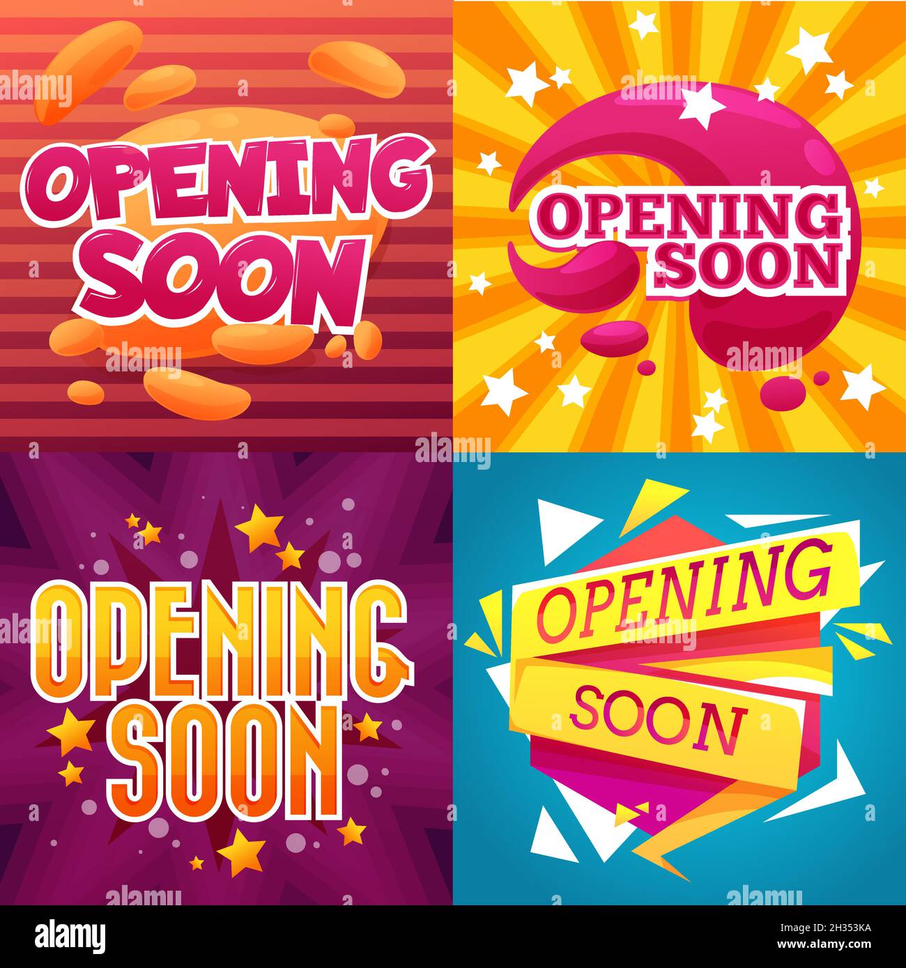 Opening soon cartoon banners and shop store signs with vector stars. Grand opening or soon open
