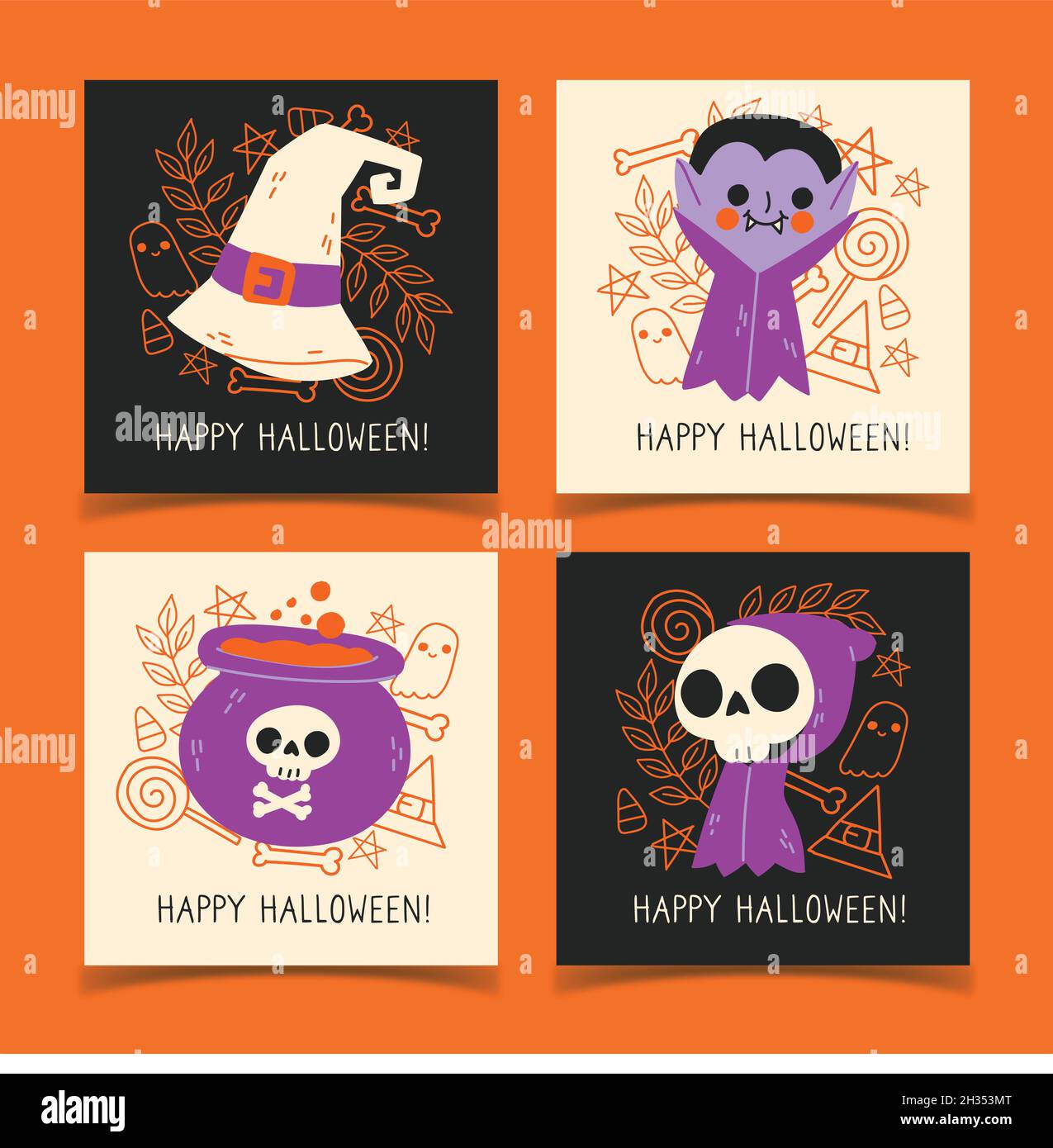 hand drawn halloween card collection design vector illustration Stock ...