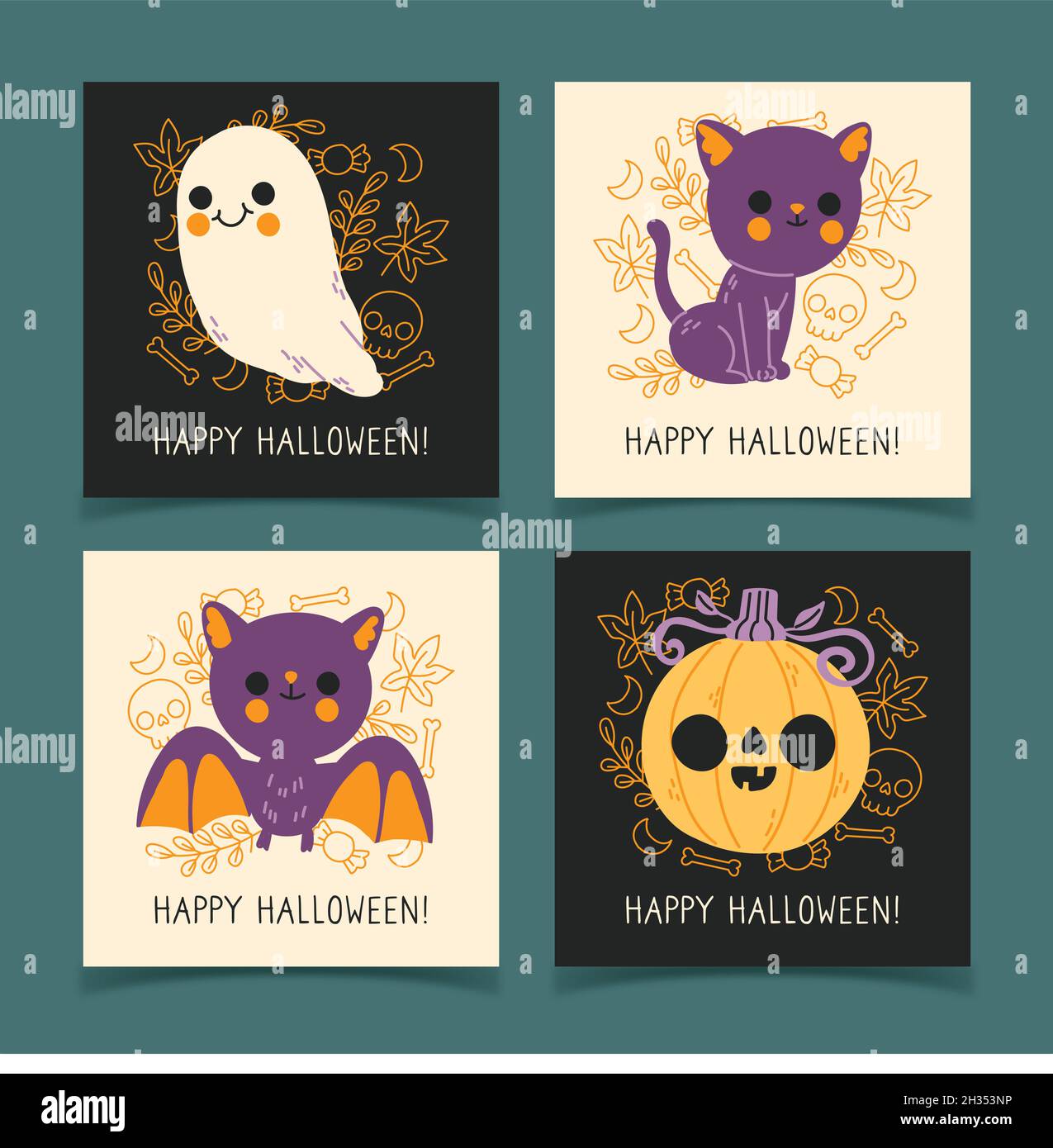hand drawn halloween card collection vector design illustration Stock ...