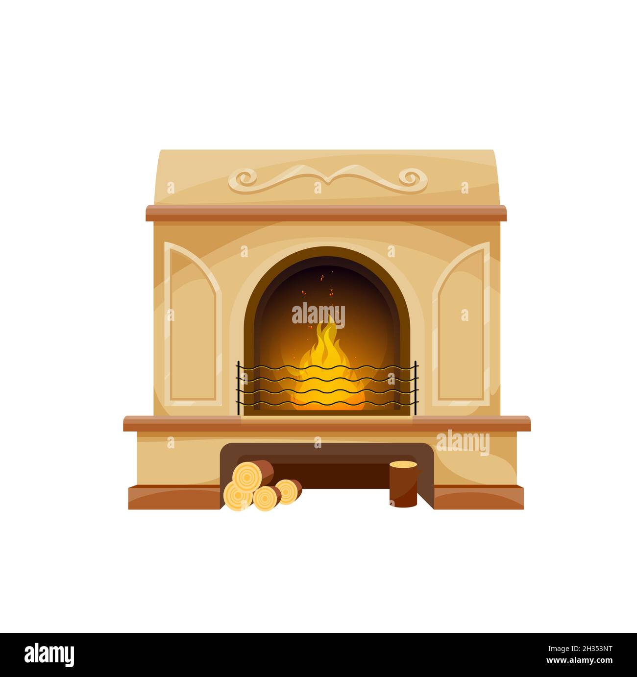 Modern interior fireplace with firewood, vector wood burning oven or hearth with fire flames, steel grate and wood logs, marble facing, frame, mantel. Stock Vector
