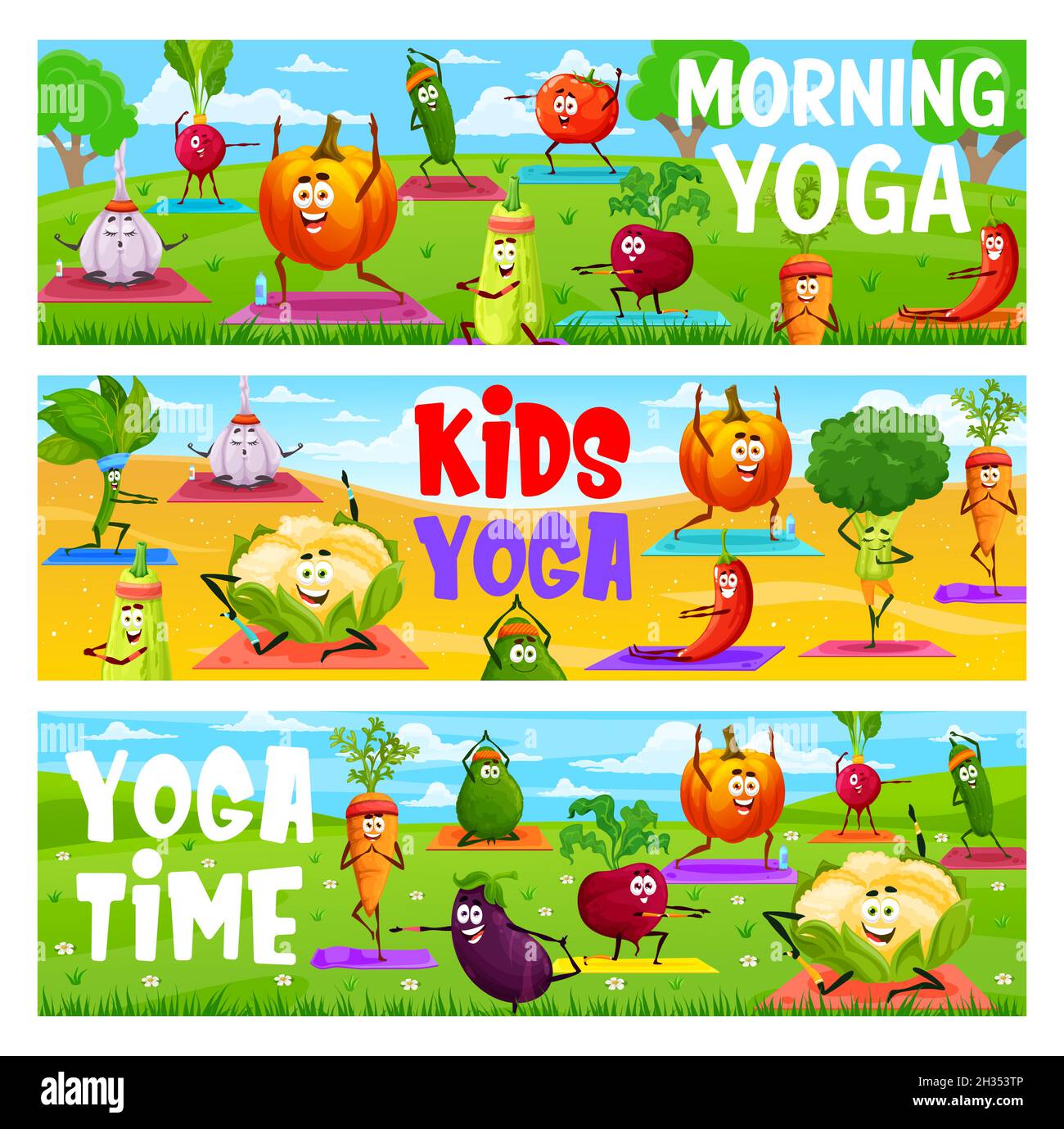 Morning yoga or pilates fitness, cartoon vegetables characters on grass ...