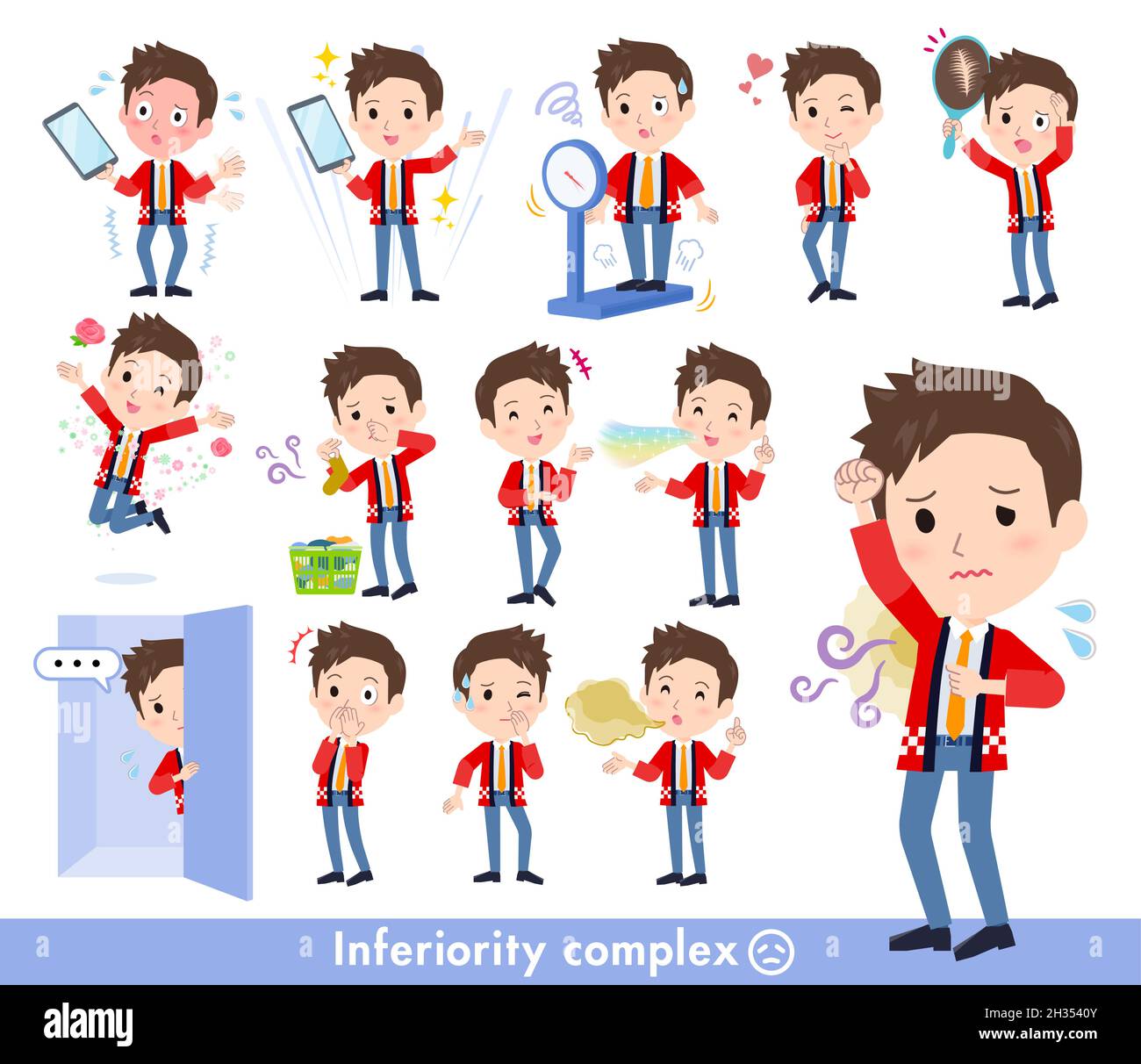 A set of wearing a happi coat man on inferiority complex.It's vector art so easy to edit. Stock Vector