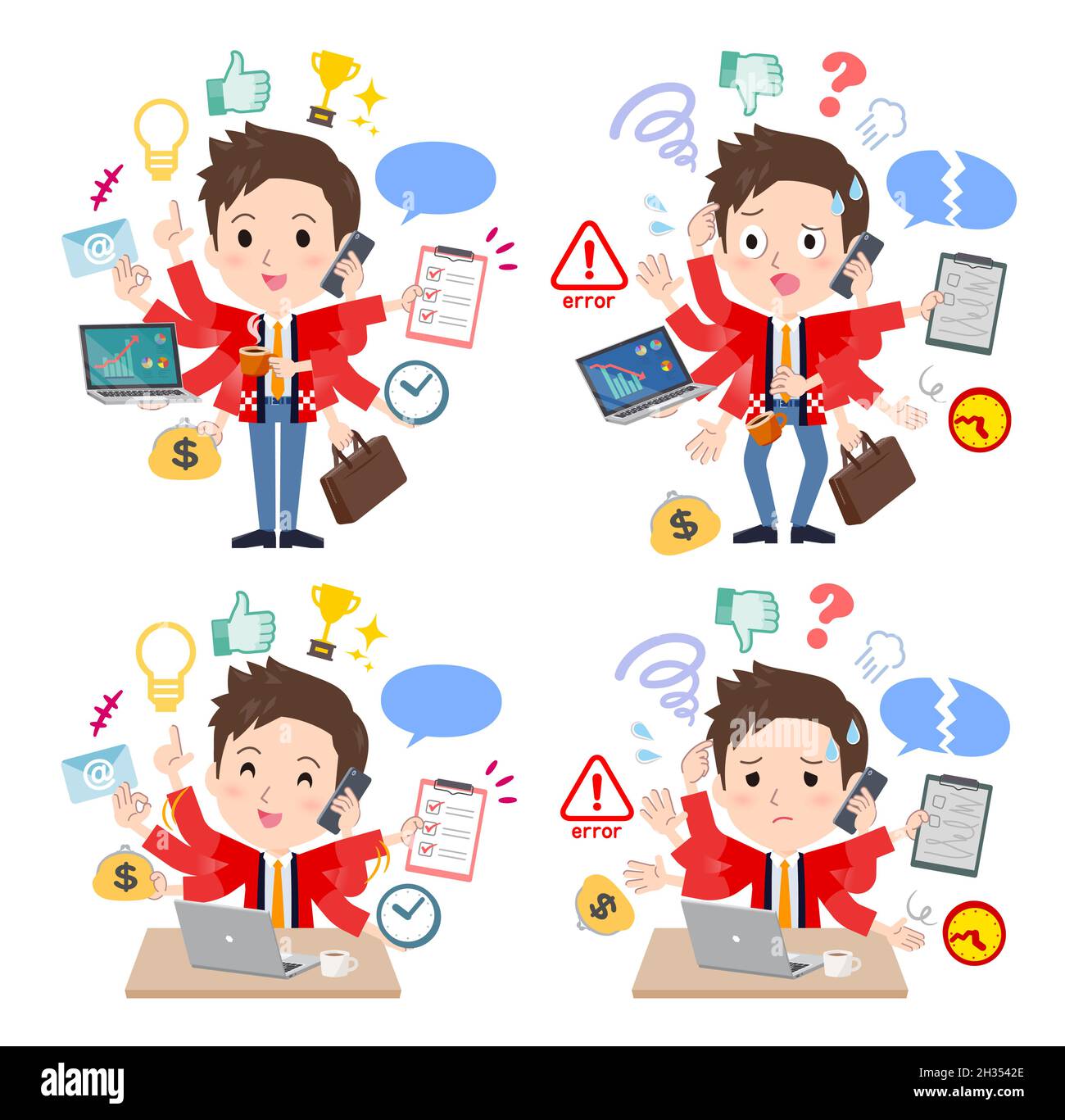 A set of wearing a happi coat man who perform multitasking in the office.It's vector art so easy to edit. Stock Vector