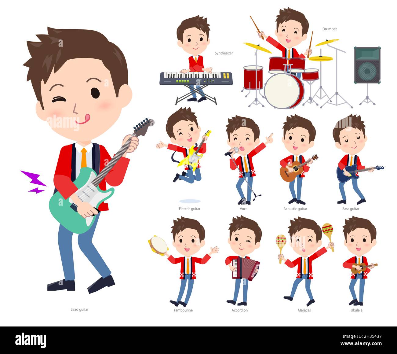 A set of wearing a happi coat man playing rock 'n' roll and pop music.It's vector art so easy to edit. Stock Vector