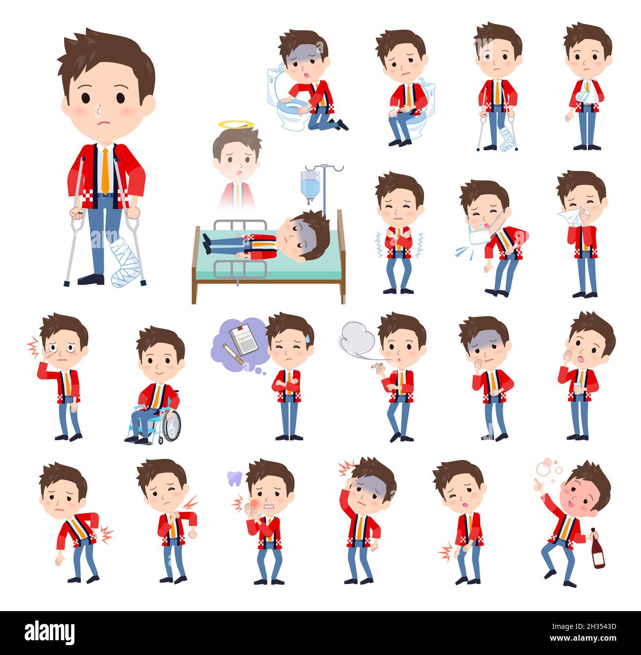 A set of wearing a happi coat man with injury and illness.It's vector art so easy to edit. Stock Vector