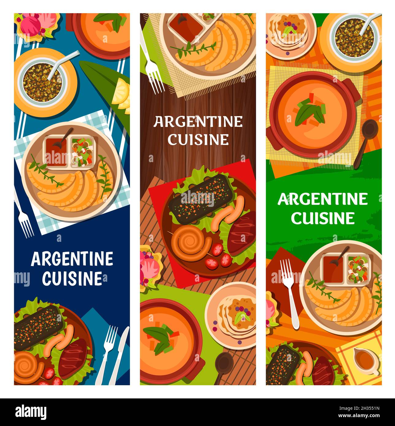 Argentine food dishes vector banners with barbecue meat, vegetables, desserts and yerba mate. Bbq chorizo sausages, pork pie empanadas and corn soup, Stock Vector