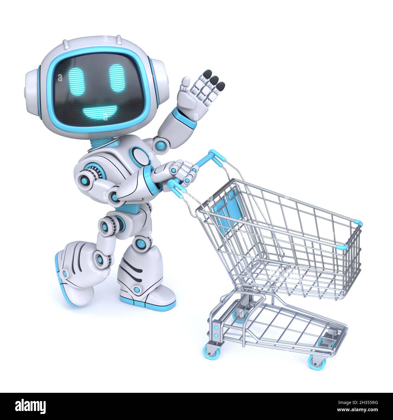 Cute blue robot push empty shopping cart 3D rendering illustration
