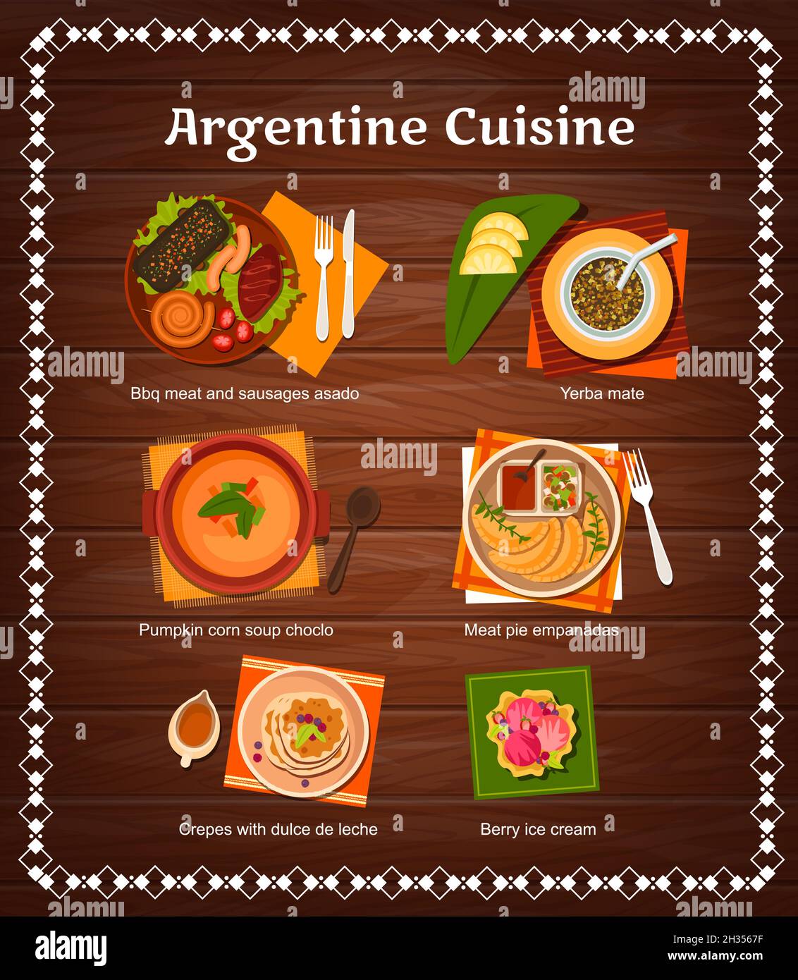 Argentine cuisine restaurant menu with vector dishes of meat and vegetables. Barbecue chorizo sausages, pork pies empanadas and chimichurri sauce, cor Stock Vector