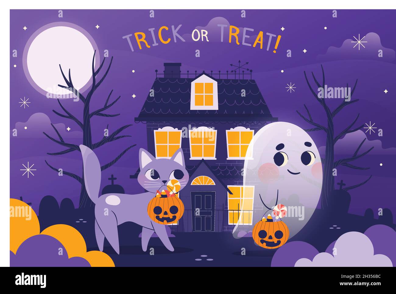 hand drawn happy halloween background with ghost cat Stock Vector